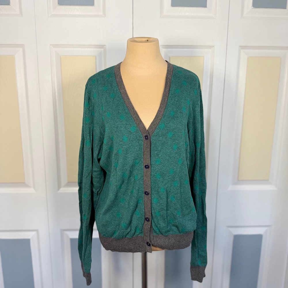 Cabi 903 Green Grey Polka Dot Cotton V-Neck Button Front Cardigan Sweater Large